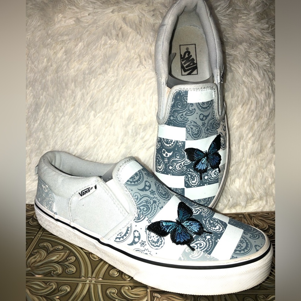Vans Slip-On Patchwork Sneakers - White and Blue with Butterfly Missy 5 - Picture 15 of 16